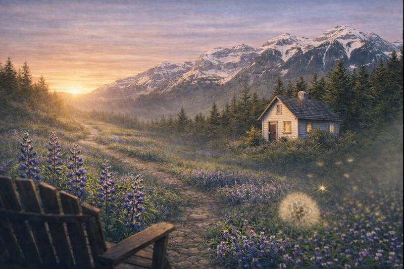 Sunrise over a mountain meadow with wildflowers and a winding path